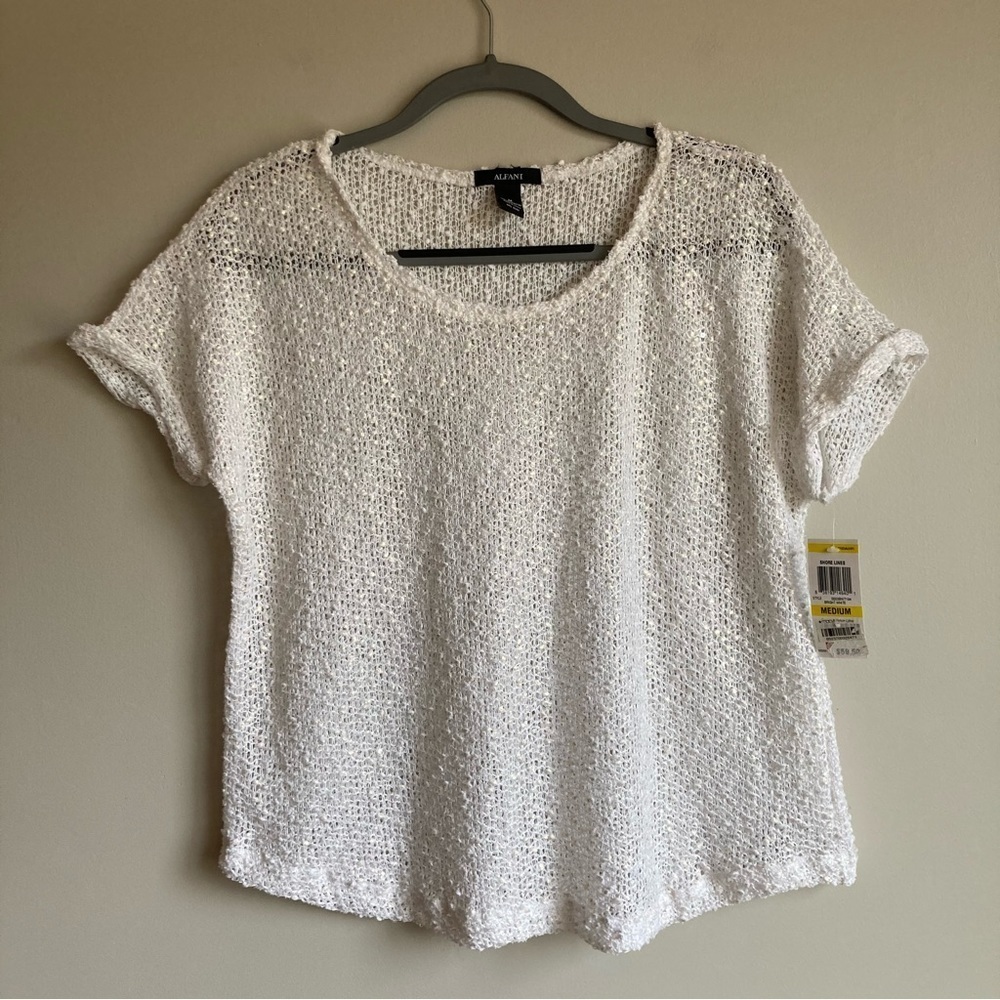 NWT Alfani Loose Knit White Metallic Cropped Shirt M